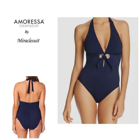 New. Amoressa navy front tie swimsuit. Normally $188 size 10 - Picture 1 of 9